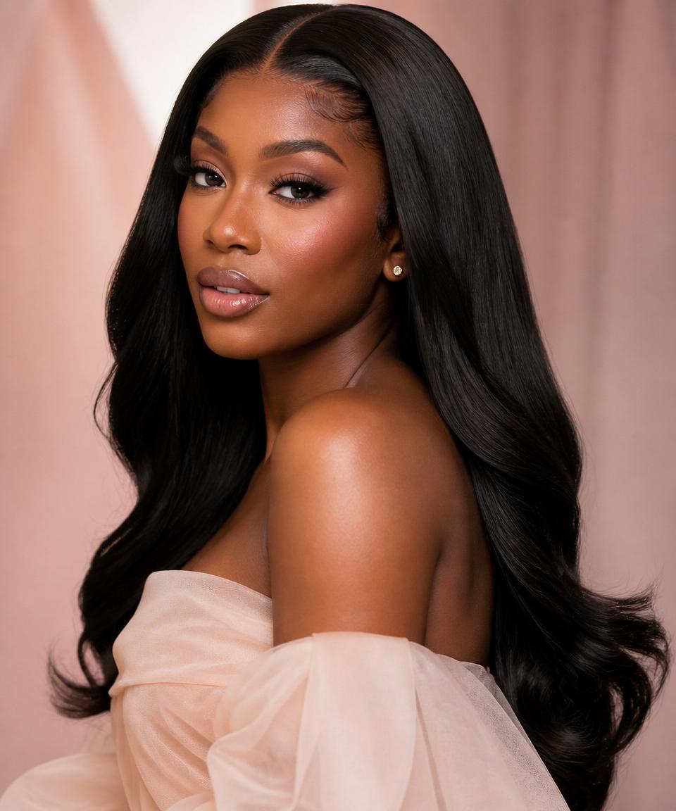 Beauty client with a luxury wig install and editorial glam makeup